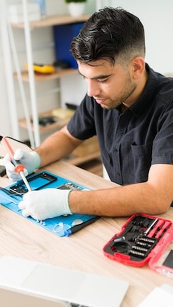 Técnico de celular trocando a tela de um aparelho Motorola na bancada.
